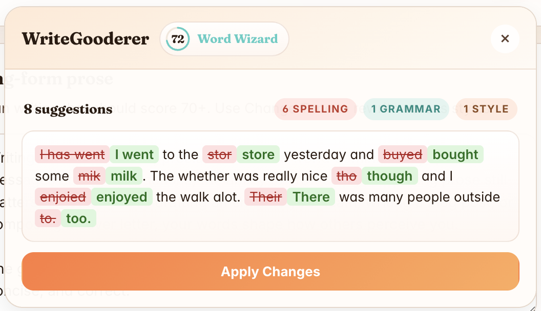 WriteGooderer proofreading a paragraph with a Gooderness score and inline diff